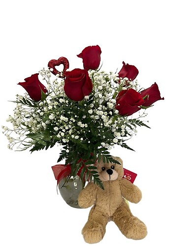 $49.99   Half of dozen red roses and bear